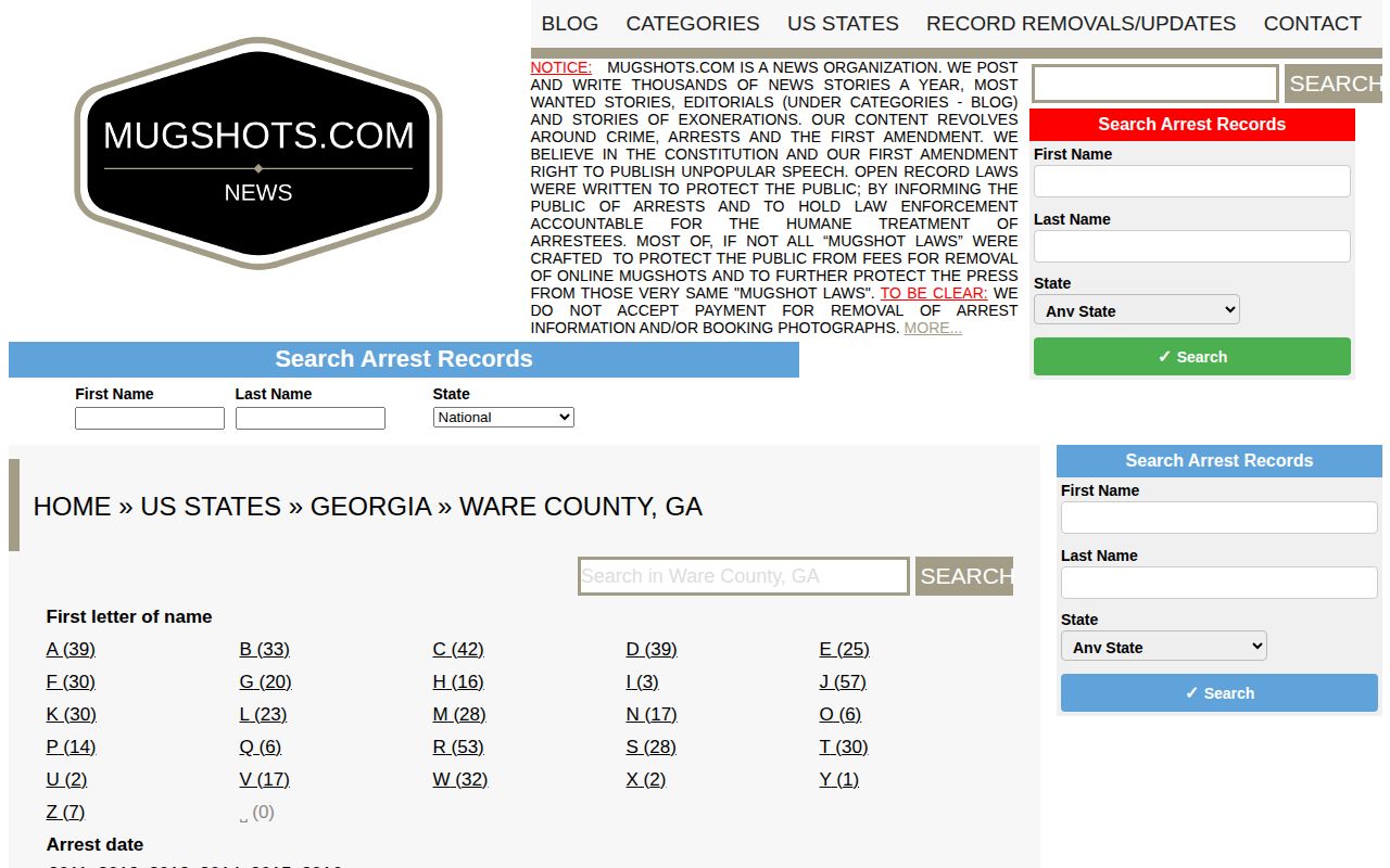 Unofficial Mugshots.com Ware County historical archive interface