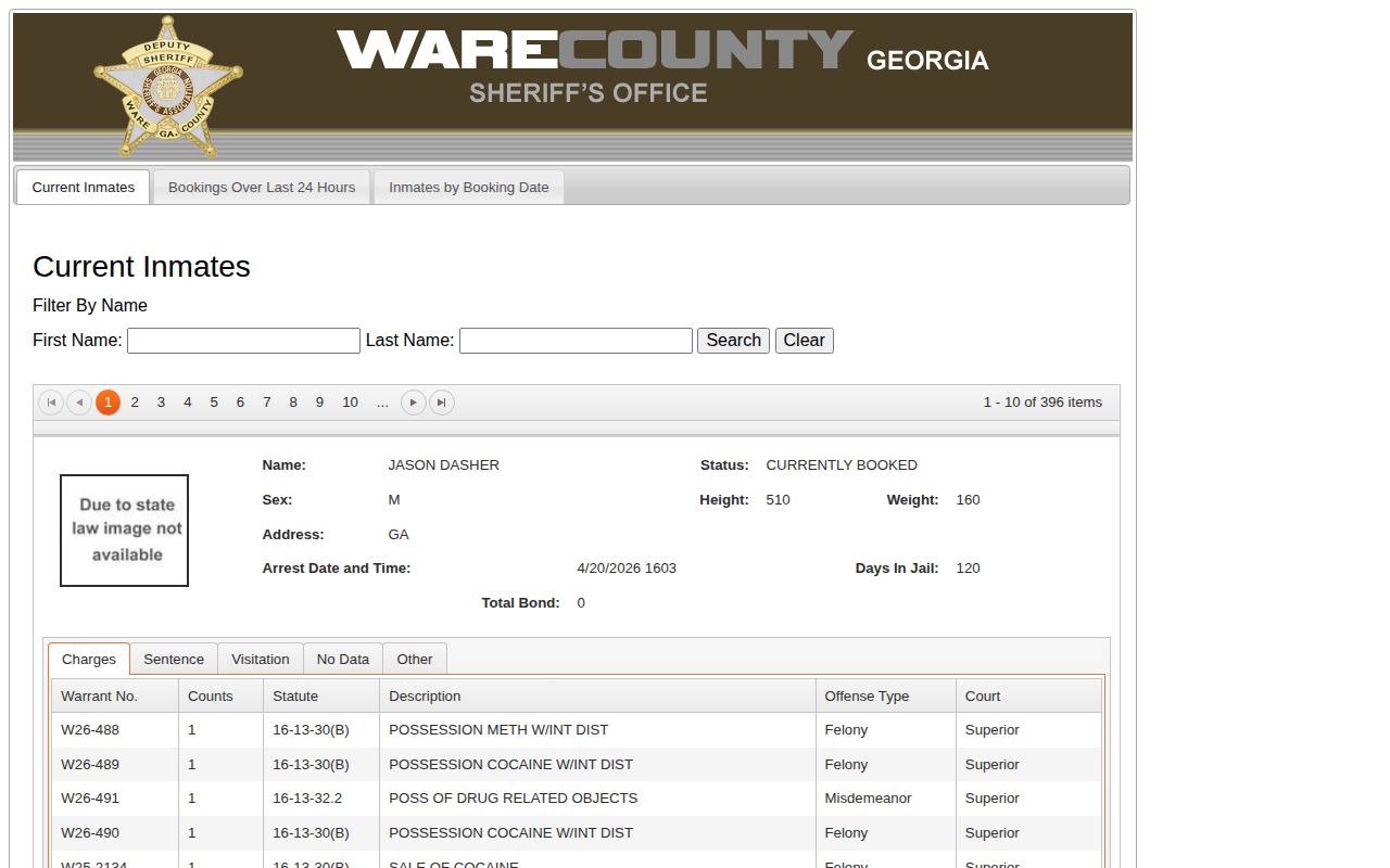 Ware OffenderIndex current inmates search interface