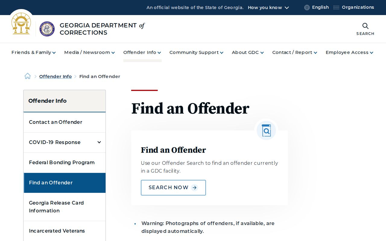 Ware County state-custody offender photo search at Georgia Department of Corrections