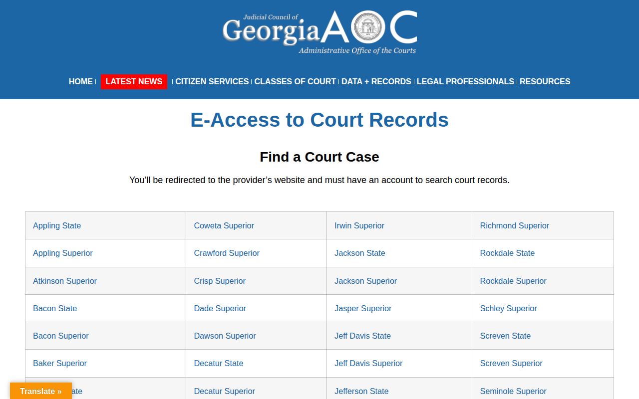 Georgia Courts eAccess directory for Ware County case records