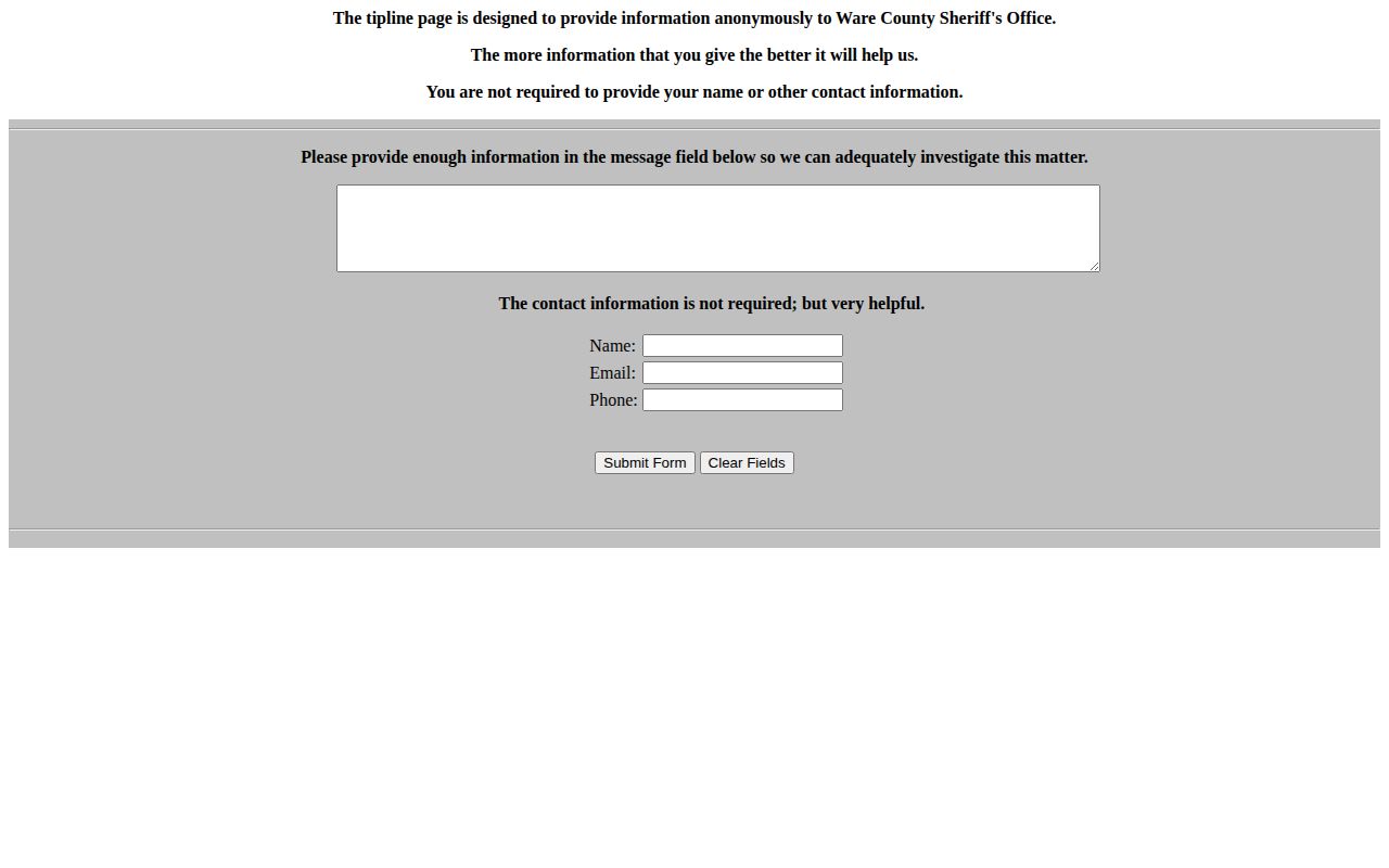 Ware County Sheriff's online tip form for reporting wanted information